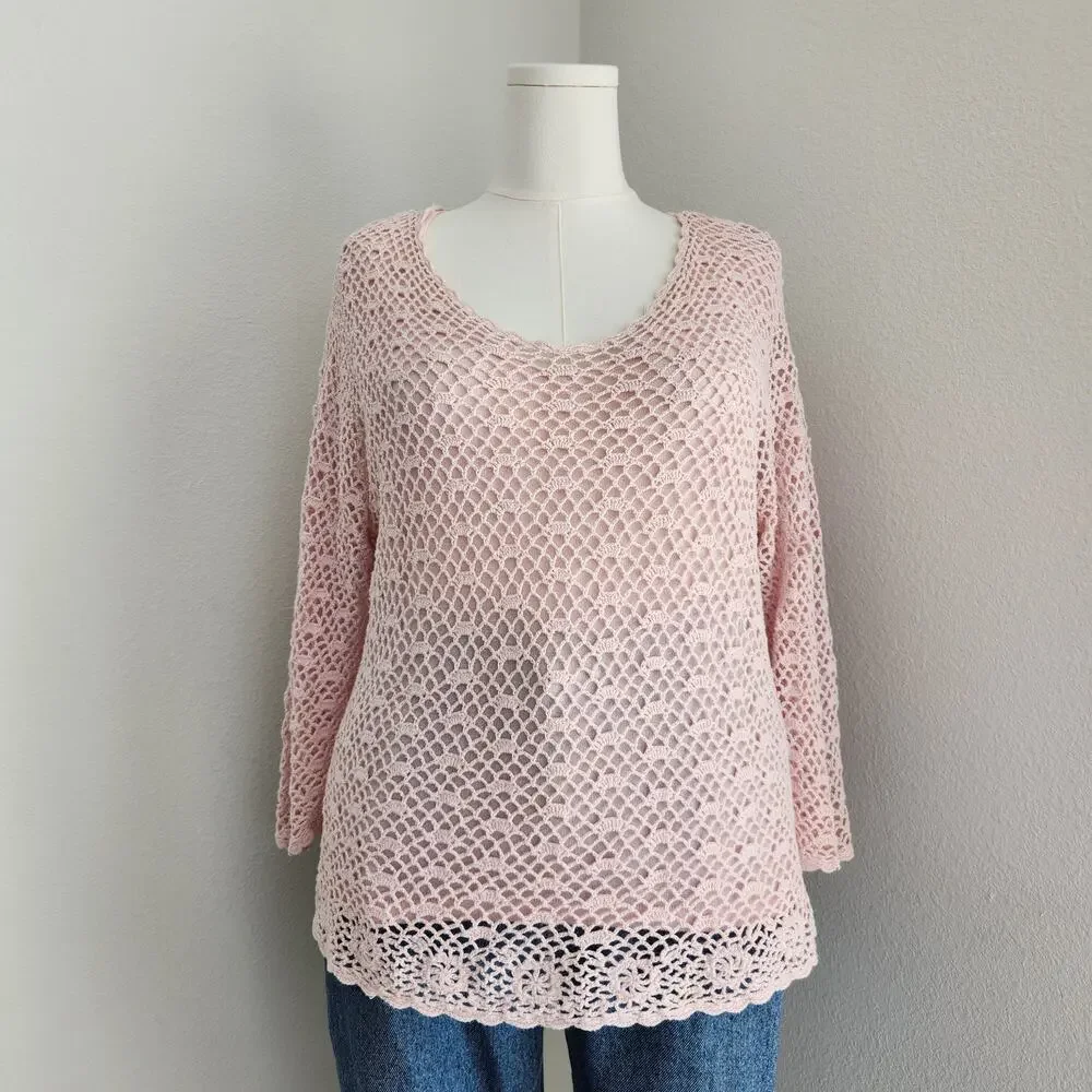 Vintage Y2K Croft & Barrow Pink Crochet Knit Boho Chic 3/4 Sleeve Top L